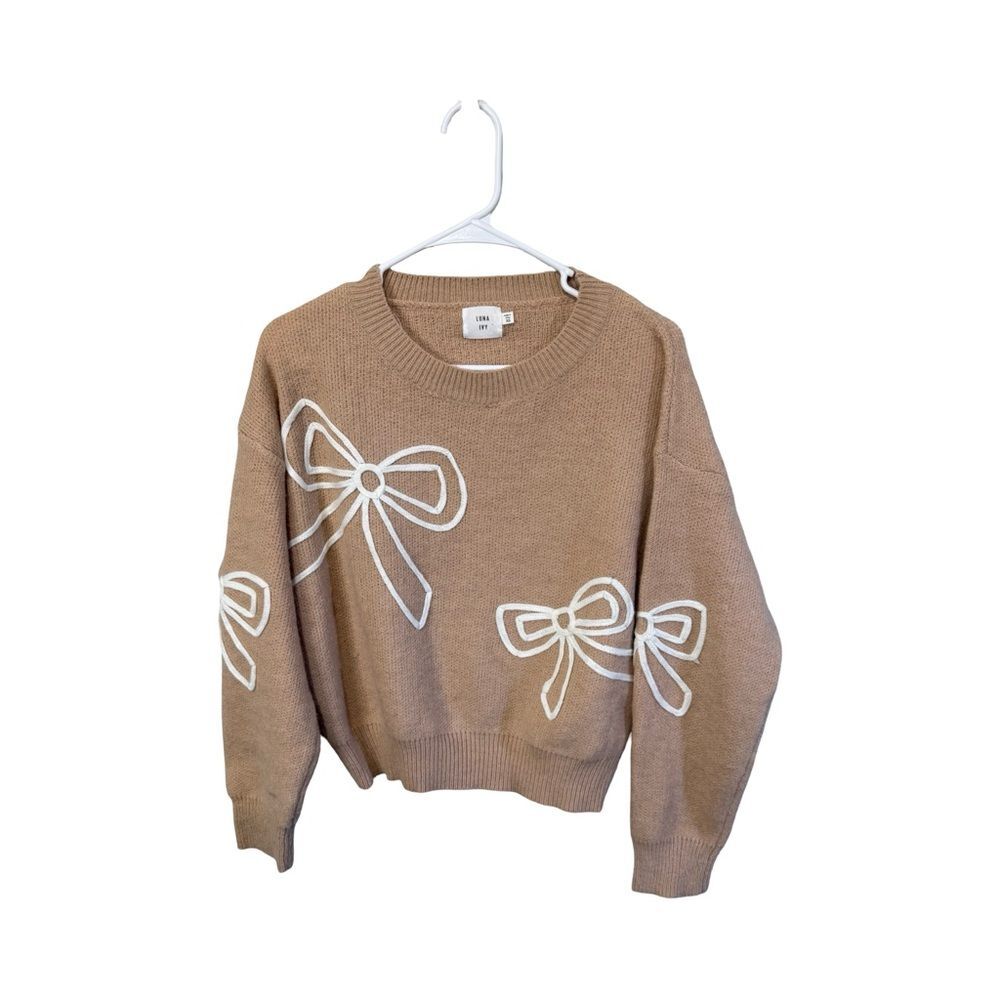 Luna Ivy Tan Bow Graphic Knit Crewneck Sweater - XS